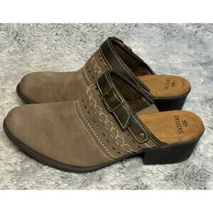 Earth Origins Cady Brown Suede Embroidered Slip On Clogs w/ Buckle Womens Size 8
